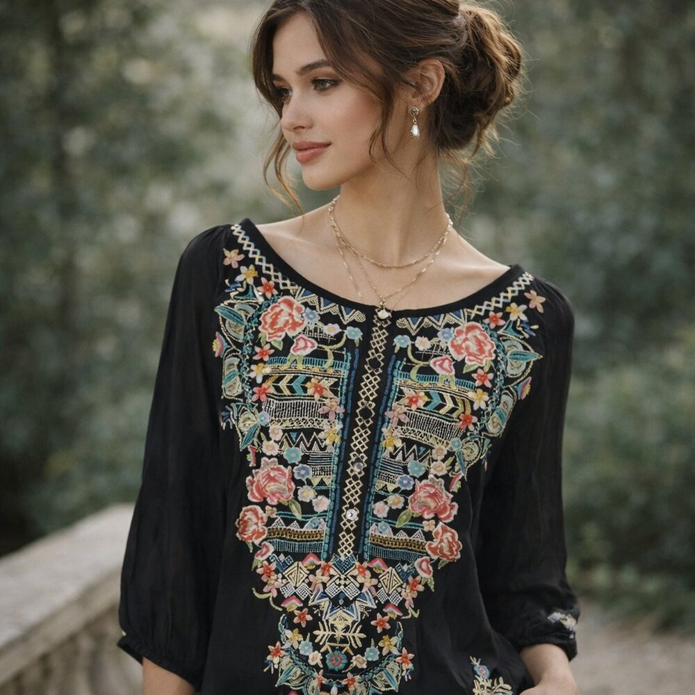 Johnny Was Black Floral Embroidered Tunic Top Small Crinkled Cupra Rayon‎ Boho